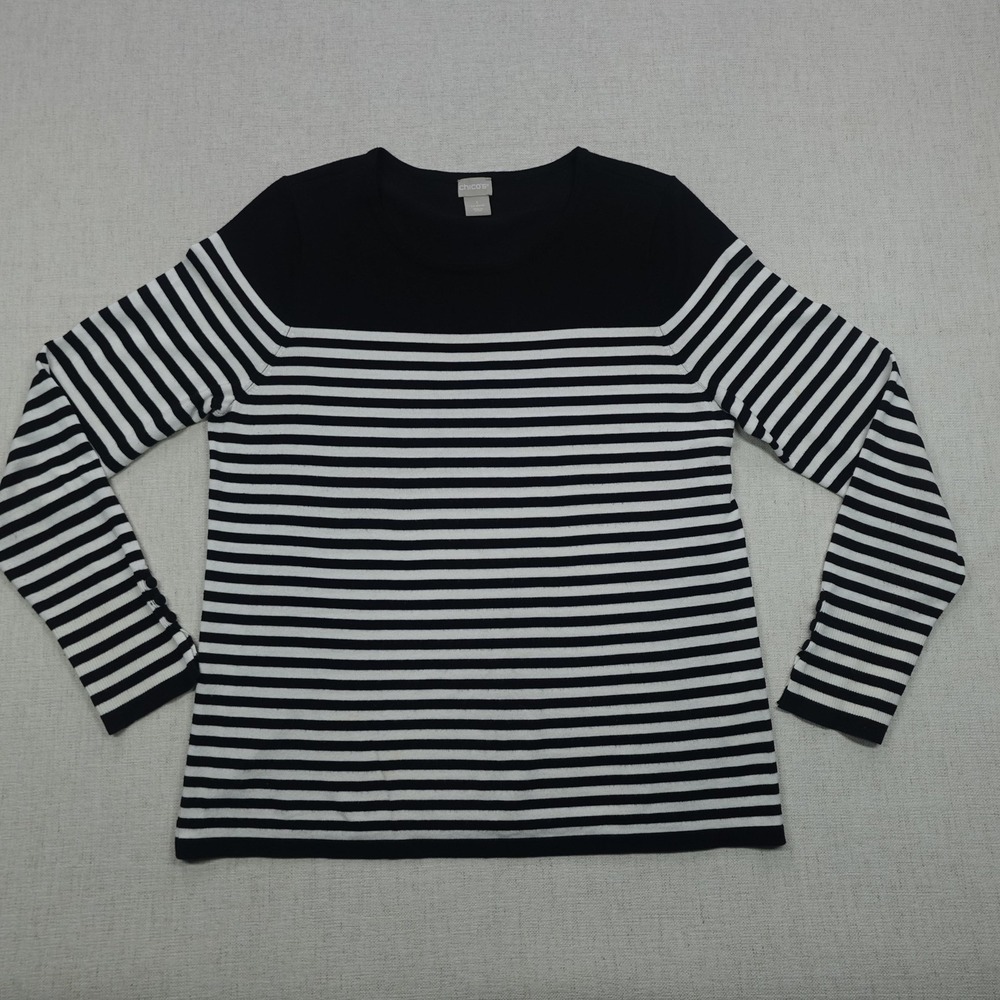 Chicos Sweater Womens Medium Striped Long Sleeve Pullover Classic Knit Top